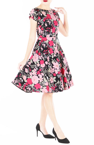 Spring Camellias Flare Tea Dress - Noir Red